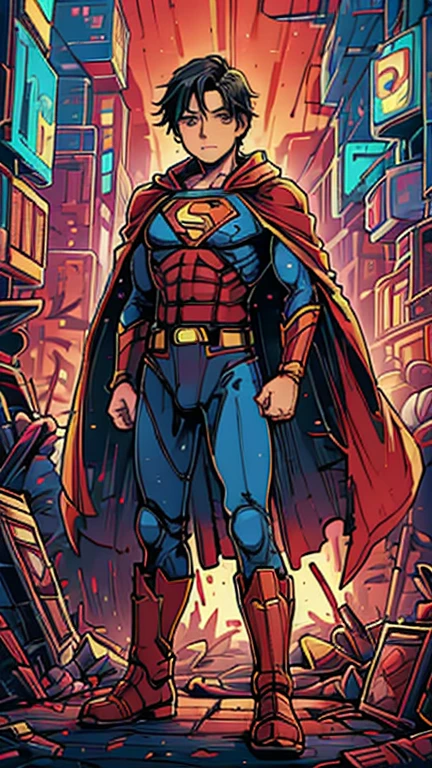 best quality,masterpiece,1boy,solo,(((13years old))),japanese boy,an extremely cute and handsome boy,highly detailed beautiful face and eyes,petit,cute face,lovely face,baby face,shy smile,show teeth, Black hair,Short hair,flat chest,skinny,slender,(((wearing a Superman costume,red cape))),(((standing in Dark Midnight Neon Glow light Cyberpunk metropolis city))),he is looking at the viewer,