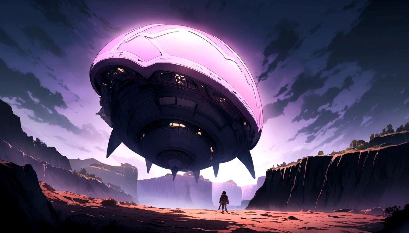 alien spaceship landing near cliffs