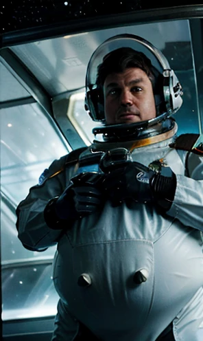 Ele saiu de sua nave espacial e caminha sobre a imensa neve do planeta congelado.Close UP of intergalactic ship using thrusters to reach the speed of light in the universe ,The captain of the astronauts is a plump, chubby man, extremely thick thighs, a large belly, fat. Passing inside the spaceship laboratory , he checks an analysis under the microscope. His arms are holding digital analysis devices. He wears a spacesuit. A humanoid creature similar to a lizard and fish talks to the astronaut.ele usa uniforme espacial. caminhando pelos corredores da nave espacial.