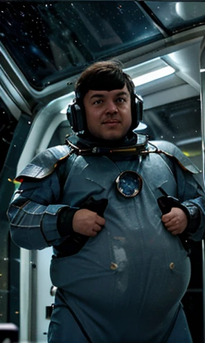 Ele saiu de sua nave espacial e caminha sobre a imensa neve do planeta congelado.Close UP of intergalactic ship using thrusters to reach the speed of light in the universe ,The captain of the astronauts is a plump, chubby man, extremely thick thighs, a large belly, fat. Passing inside the spaceship laboratory , he checks an analysis under the microscope. His arms are holding digital analysis devices. He wears a spacesuit. A humanoid creature similar to a lizard and fish talks to the astronaut.ele usa uniforme espacial. caminhando pelos corredores da nave espacial.
