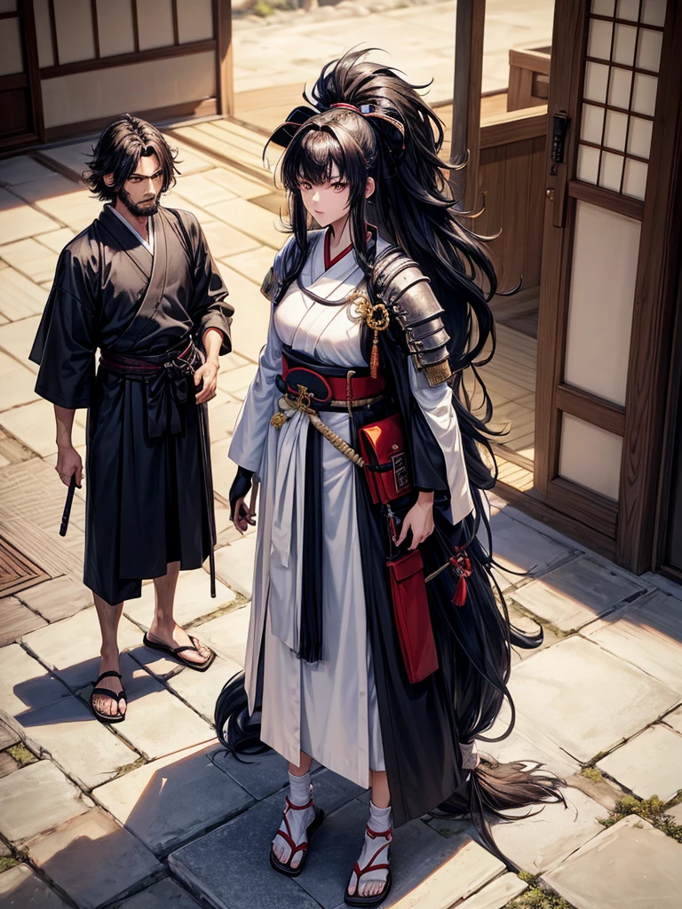 a tall, thin samurai of 1,86m, and a serene face, but tired. Her hair is black and messy, and he wears a shaggy beard. Toji wears typical Japanese clothing, including a fanny pack full of assorted items, knight gloves and sandals.