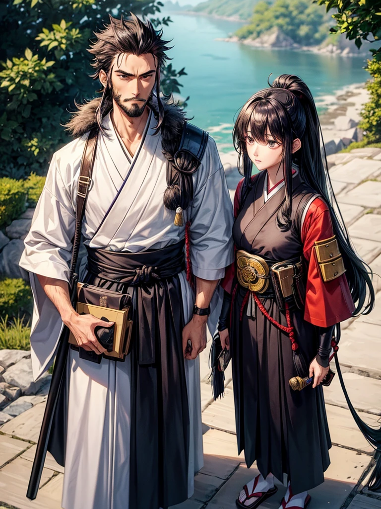 a tall, thin samurai of 1,86m, and a serene face, but tired. Her hair is black and messy, and he wears a shaggy beard. Toji wears typical Japanese clothing, including a fanny pack full of assorted items, knight gloves and sandals.