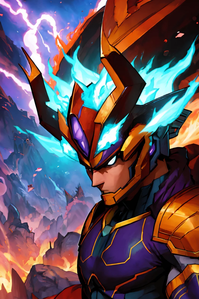 a muscular man with a strong and robust brown armored suit, serious expression, purple nebulous hair, terraformer, geomancer, weather hero, Endeavor, cinematic lighting, hyper detailed, 8k, photorealistic, dramatic vfx, dynamic pose, intricate armor details, moody colors, chiaroscuro, horns, Black Brown horns