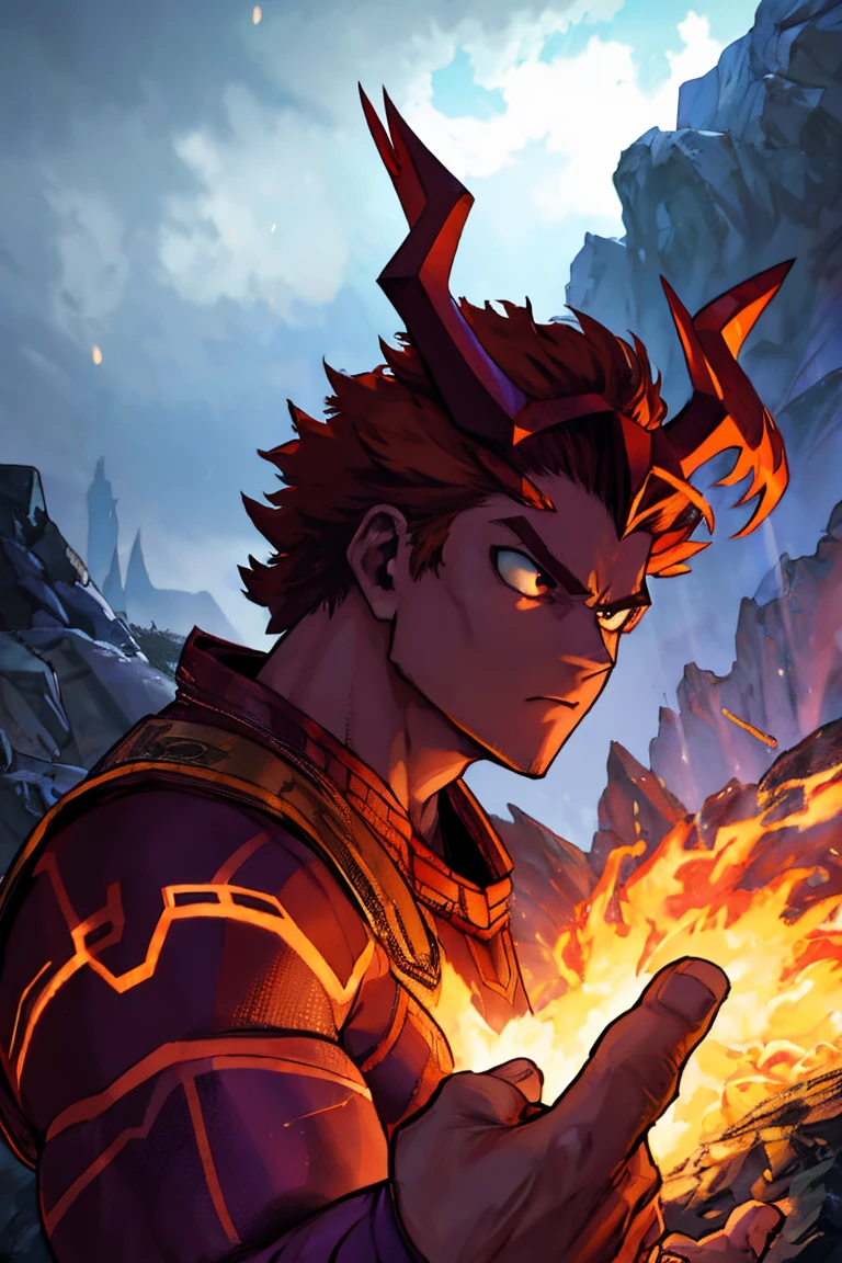 a muscular man with a strong and robust brown armored suit, serious expression, purple nebulous hair, terraformer, geomancer, weather hero, Endeavor, cinematic lighting, hyper detailed, 8k, photorealistic, dramatic vfx, dynamic pose, intricate armor details, moody colors, chiaroscuro, horns, Black Brown horns