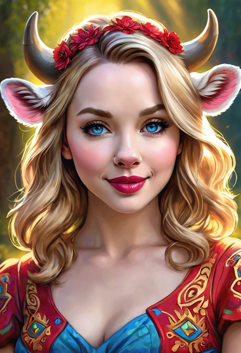 Create an illustrated, hand-drawn, full-color image of an humanoid, hybrid, anthropomorphic, sexy bovine woman. The artwork should be rendered in the style of "Breath of the Wild," featuring warm lighting and shadows. Include graphite shading, stencil marks, and airbrushed acrylic paint effects. The image should be of the highest quality, a masterpiece with intricate details. cow nose, cow ears.
The bovine woman should have a female, humanoid, appearance. She should have luscious lips, a wide smile, and bright, expressive eyes, exuding beauty, cuteness, and adorableness. Ensure the image is high resolution and sharply detailed, with a detailed and vibrant background. Scarlett Johanson, Alison Brie, Dove Cameron
Incorporate mystical lighting in the background, creating a romantic and enchanting atmosphere.