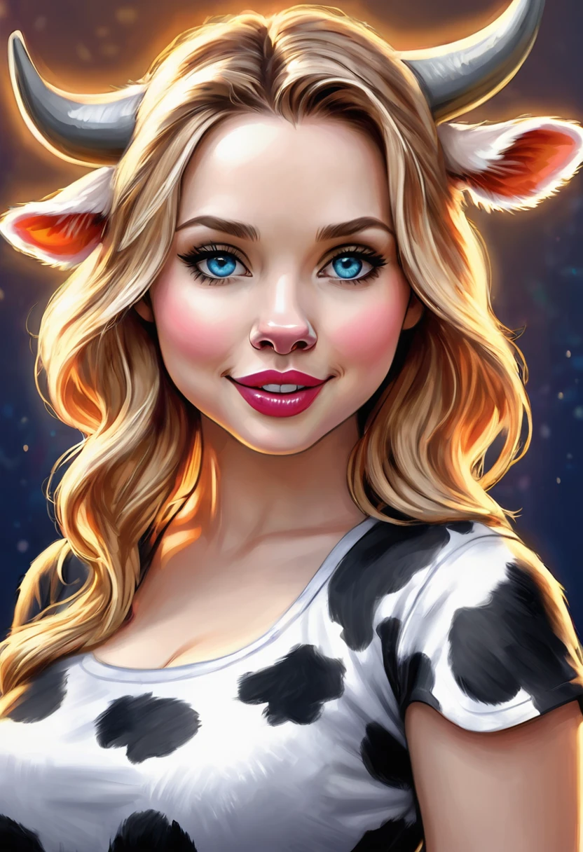 Create an illustrated, hand-drawn, full-color image of an humanoid, hybrid, anthropomorphic, sexy bovine woman. The artwork should be rendered in the style of "Breath of the Wild," featuring warm lighting and shadows. Include graphite shading, stencil marks, and airbrushed acrylic paint effects. The image should be of the highest quality, a masterpiece with intricate details. cow nose, cow ears.
The bovine woman should have a female, humanoid, appearance. She should have luscious lips, a wide smile, and bright, expressive eyes, exuding beauty, cuteness, and adorableness. Ensure the image is high resolution and sharply detailed, with a detailed and vibrant background. Scarlett Johanson, Alison Brie, Dove Cameron
Incorporate mystical lighting in the background, creating a romantic and enchanting atmosphere.