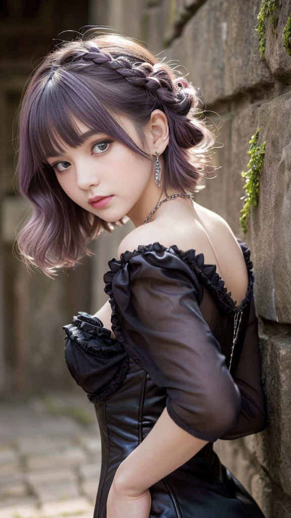 (Highest quality, Very detailed, masterpiece:1.2), ((2 women,Face it,Point your ass to the camera)), Very thin body, length, Thin legs, ((Purple-hair-color wavy short hair)), ((Thick and fluffy bangs)), Very detailedな顔,A faint smile, small, Thin Nose, small thin mouth, Extremely sharply focused eyes, Japanese, Beautiful Face, Realistic eyes, Beautiful and beautiful eyes, Realistic Skin, Beautiful Skin, charm, (A vivid face), Beautiful Hairstyles,((Victorian style black and pink dress)), Gothic design, Accessories include leather items and studs..., Chains are important, Creepy and unique hairstyles, High resolution, Vibrant color palette, Mysterious and mysterious stone wall, Amazing place, Tim Burton's signature dark shadows and strange details, background, Backwards,Camera angle from below