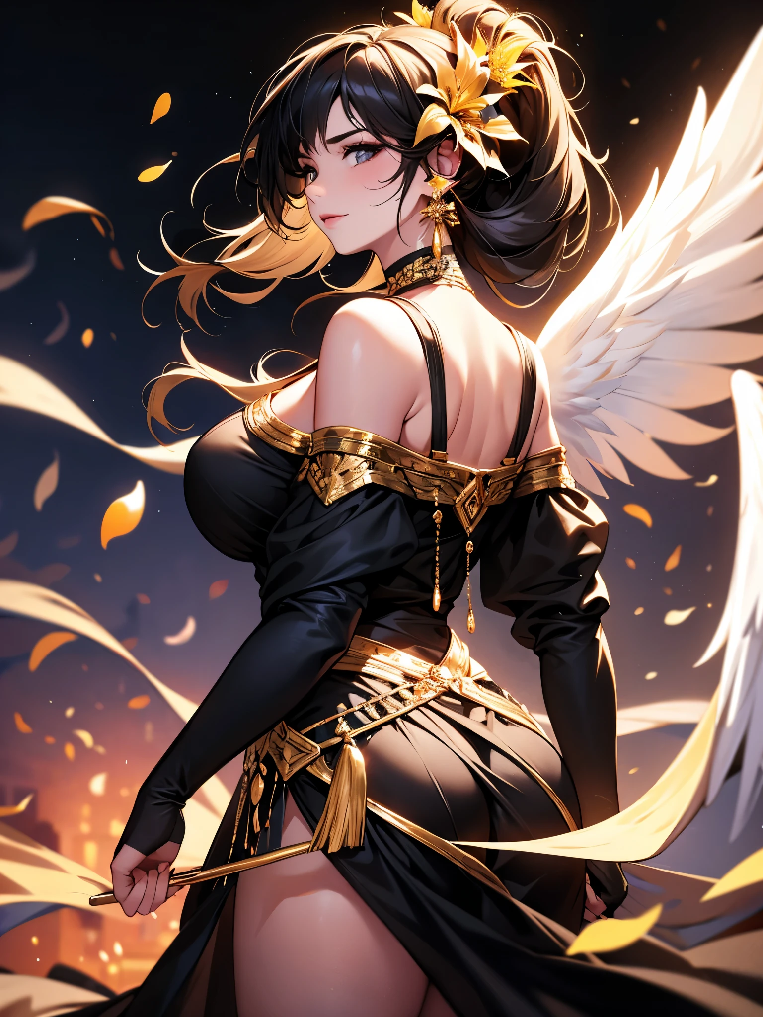 Jordan, huge angel wings, Beautiful woman, (photorrealistic), back-illuminated, black backdrop, black don, black mitts, Bblack hair, ssmile, cowboy shot, don, aretes, floating hair, mitts, gold aretes, gold hair elastic, hair flower, hair ornament, ((hair elastic)), jewerly, Light particles, long hair, look viewer, off-the-shoulder don, Off The Shoulder, petals, Side Rock, standing alone, thorn, nice dress, Double Sided Fabric, ((work of art))