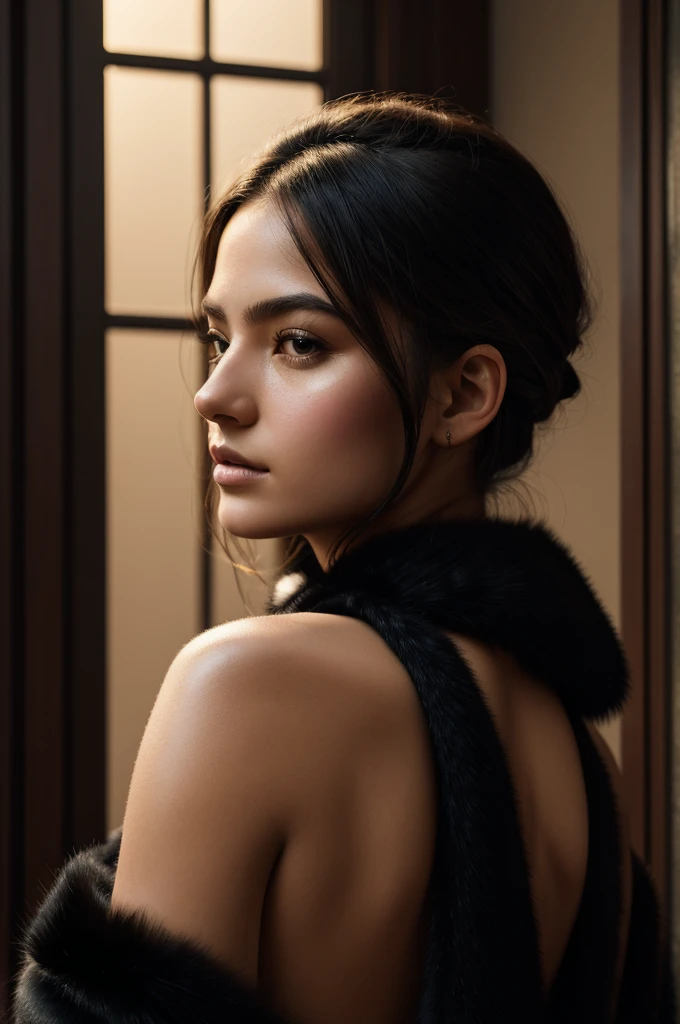 a beautiful image by w3dn3sday, Masterpiece, photorealistic, Women, detailed, backlighting, light, Raw color photo,(completely in frame:1.1), detailed skin texture, (blush:0.5), (Goosebumps:0.5),wearing a uniform, black fur,
