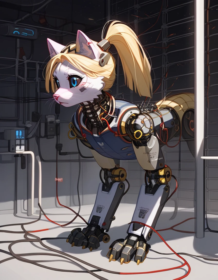 , score_9,score_8_up,score_7_up, (The ultra-detailed)、8K、(Very noble and beautiful))、Cinematic Light、((1 Mechanical anthropomorphic feline girl, Kat, blonde hair in a ponytail, pink nose, :3, silver fur, )) black ceramic body、luminescent android blue eyes, black sclera 、(Mechanical joint:1.4)、((Mechanical limb)), (Mechanical spine attached to the back))、((Mechanical cervical vertebrae attached to neck))、(Wires and cables attached to the head and body:1.5)、 neon details、Science fiction、full body shot, The background is Cyberpunk City、close up