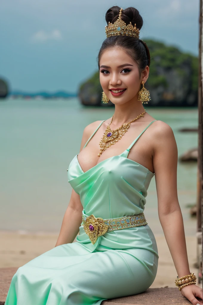 (masterpiece), best quality, ultra high res, , (princess:1.3), standing, (NSFW), lace underwear, beautiful face,( thailand tradition house:1.3),,(cute girl:1.3), ( thai ombre mint green detailed traditional dress:1.3),(traditional body strap:1.2) big ,detailed background , gloves, hair bun, , big hair_ornament, ear ornaments, ear peice, ear jewelries, big crown, big jewelry, hair_stick, jewelry, necklace, bracelets, arms jewelry, (seductive:1.3), ( looking at viewer:1.5) , ocean,flowers, beautiful day, close eyes, enjoying the breeze ,beautiful smile, big breast, in the water, sitting
