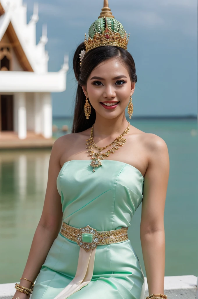 (masterpiece), best quality, ultra high res, , (princess:1.3), standing, (NSFW), lace underwear, beautiful face,( thailand tradition house:1.3),,(cute girl:1.3), ( thai ombre mint green detailed traditional dress:1.3),(traditional body strap:1.2) big ,detailed background , gloves, hair bun, , big hair_ornament, ear ornaments, ear peice, ear jewelries, big crown, big jewelry, hair_stick, jewelry, necklace, bracelets, arms jewelry, (seductive:1.3), ( looking at viewer:1.5) , ocean,flowers, beautiful day, close eyes, enjoying the breeze ,beautiful smile, big breast, in the water, sitting