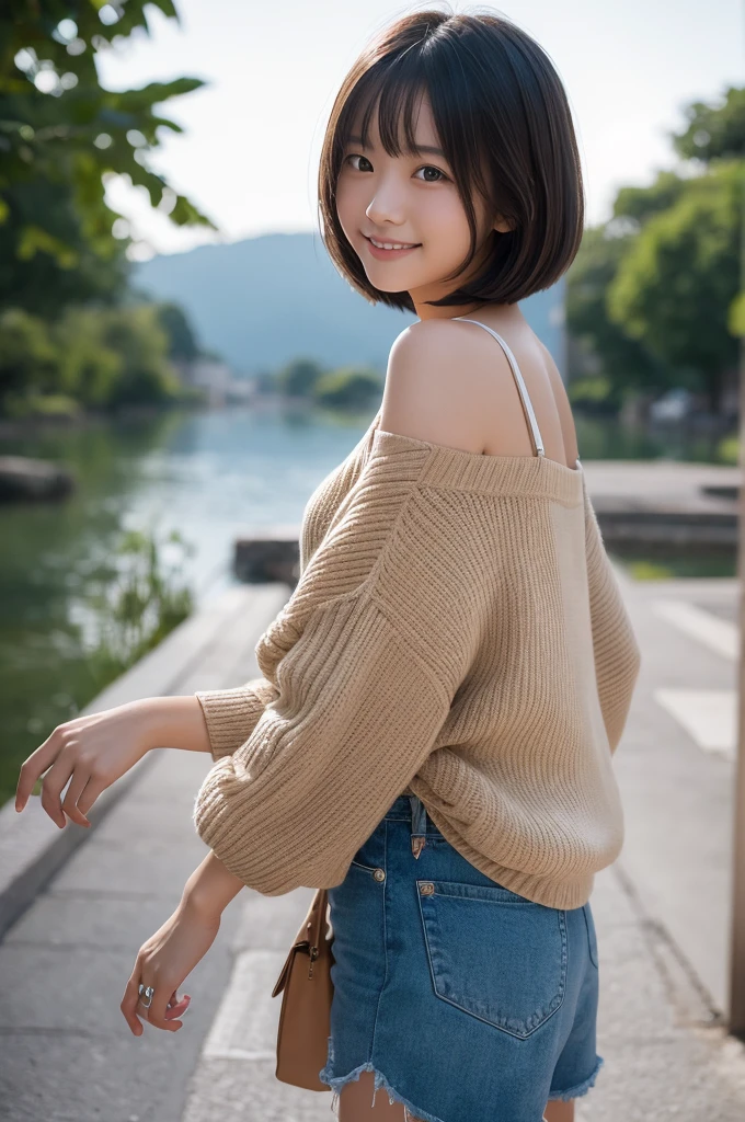 Beautiful 19 year old, intelligent and sophisticated Japanese girl. Hair in a bob, smile that exudes kindness and young power, one piece summer 2023. Medium-light, high speed shutter combined with modern photographic narrative action, ample lighting, clear focus, high quality, artistic, unique, award-winning photo, taken with Canon EOS 5D Mark IV DSLR camera, aperture f/8, ISO 200, shutter speed 1/250,