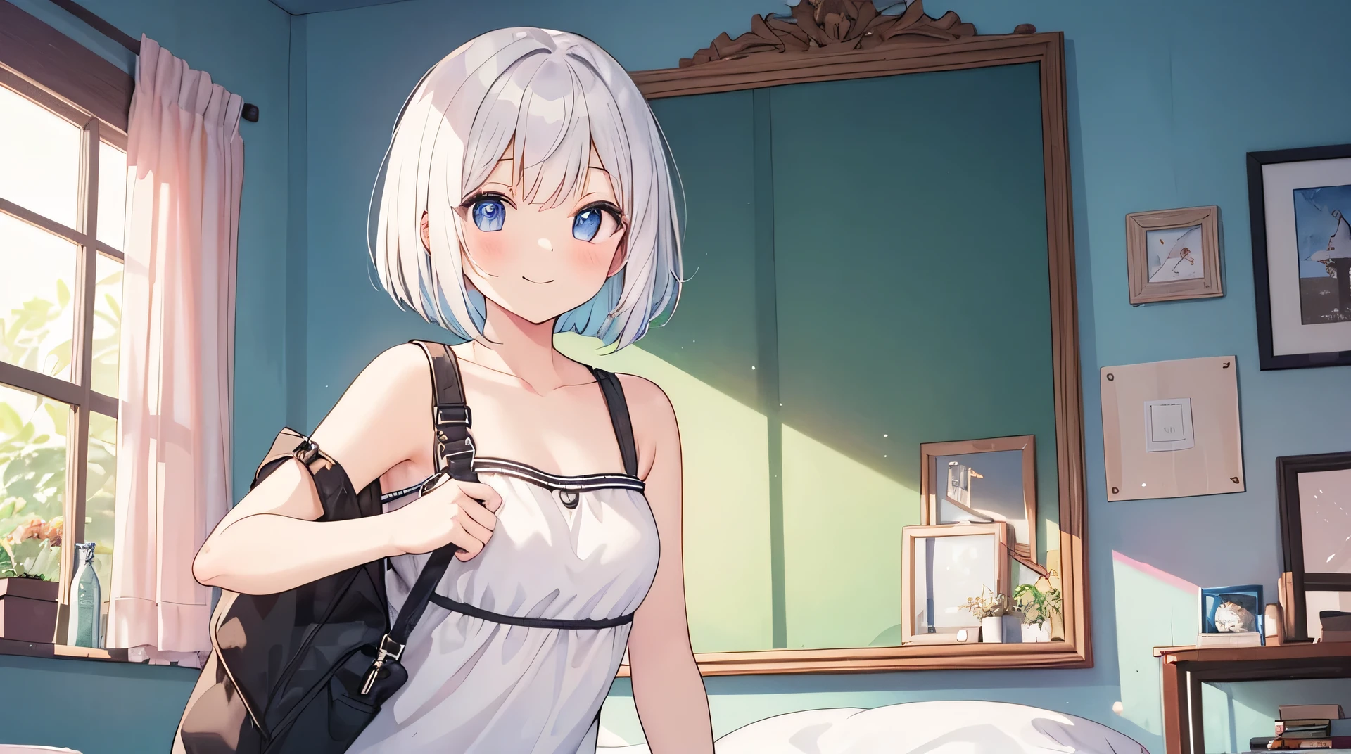 best quality,light smile,bob cut,medium hair,white hair,own room,YouTuber,anime,watercolor,1girl