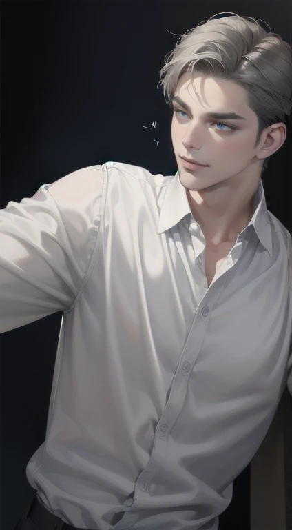 masterpiece, best quality, realistic, 1man, mature male, quiet and charming man, 35 years old, close his eyes, serious look, ((expression smile in love)) extremely detailed face, smirk, ((dark blue eyes)), ((short-right-swept dark grey hair)), [thick eyebrows], detective, Black background, cinematic lighting, background size is more than the man.