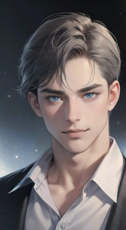 masterpiece, best quality, realistic, 1man, mature male, quiet and charming man, 35 years old, close his eyes, serious look, ((expression smile in love)) extremely detailed face, smirk, ((dark blue eyes)), ((short-right-swept dark grey hair)), [thick eyebrows], detective, Black background, cinematic lighting, background size is more than the man.