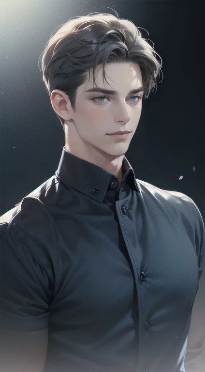 masterpiece, best quality, realistic, 1man, mature male, quiet and charming man, 35 years old, close his eyes, serious look, ((expression smile in love)) extremely detailed face, smirk, ((dark blue eyes)), ((short-right-swept dark grey hair)), [thick eyebrows], detective, Black background, cinematic lighting, background size is more than the man.
