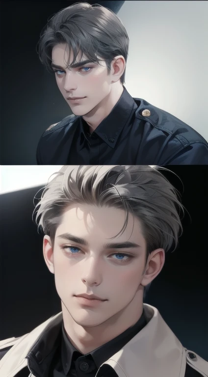 masterpiece, best quality, realistic, 1man, mature male, quiet and charming man, 35 years old, close his eyes, serious look, ((expression smile in love)) extremely detailed face, smirk, ((dark blue eyes)), ((short-right-swept dark grey hair)), [thick eyebrows], detective, Black background, cinematic lighting, background size is more than the man.