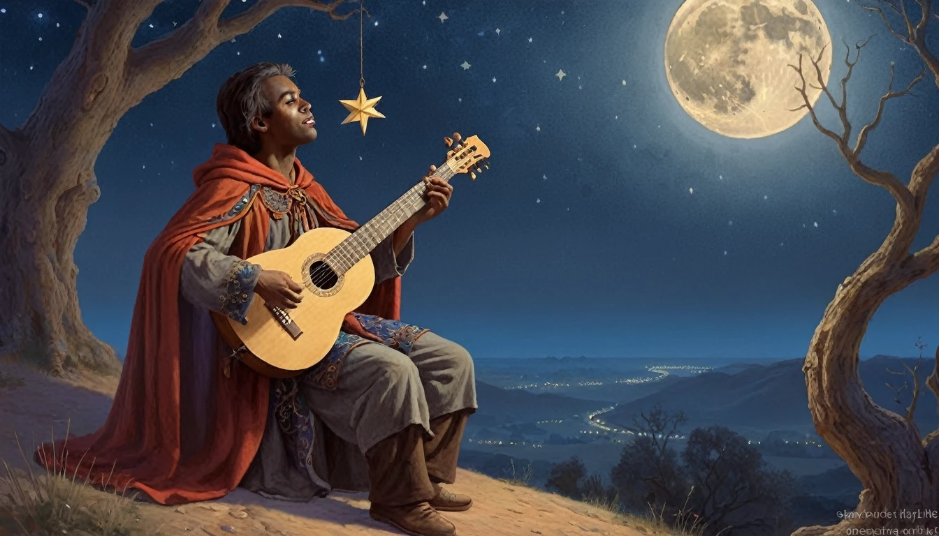 Richard Hescox Style - A minstrel with a lute and a star-cloak、Serenade wandering souls at the moonlit crossroads of a mystical world。