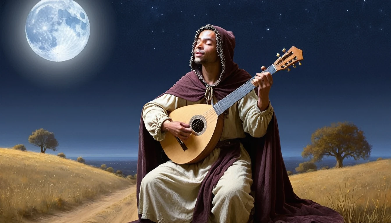 Richard Hescox Style - A minstrel with a lute and a star-cloak、Serenade wandering souls at the moonlit crossroads of a mystical world。