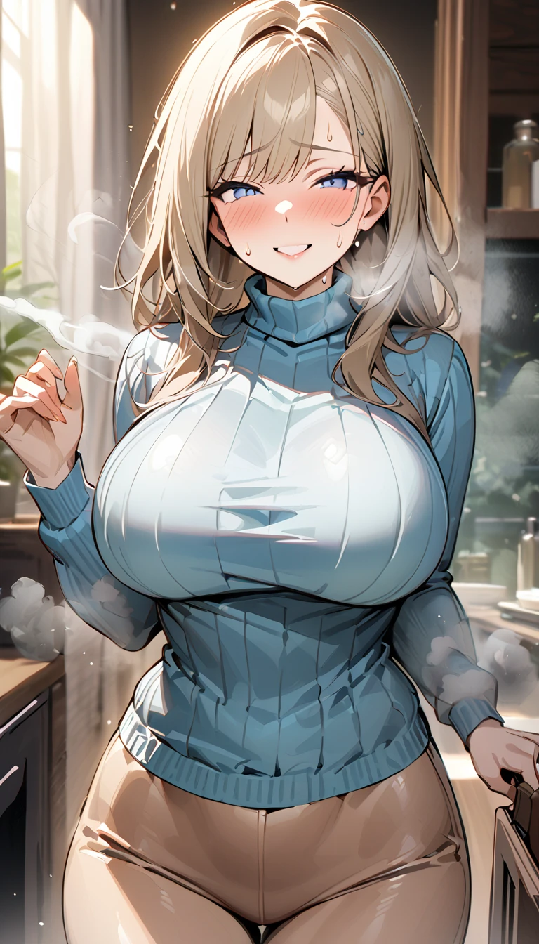 /(Modern house interior/),Open the front door、invite、 Only one woman, Mature Woman, /(blue ribbed Sweater/), bangs, A gentle, blushing smile, (Masterpiece Top quality:1.2) Delicate illustrations, Very detailed, Large Breasts、((Sweat,vapor,Vulgarity))、Tight sweater