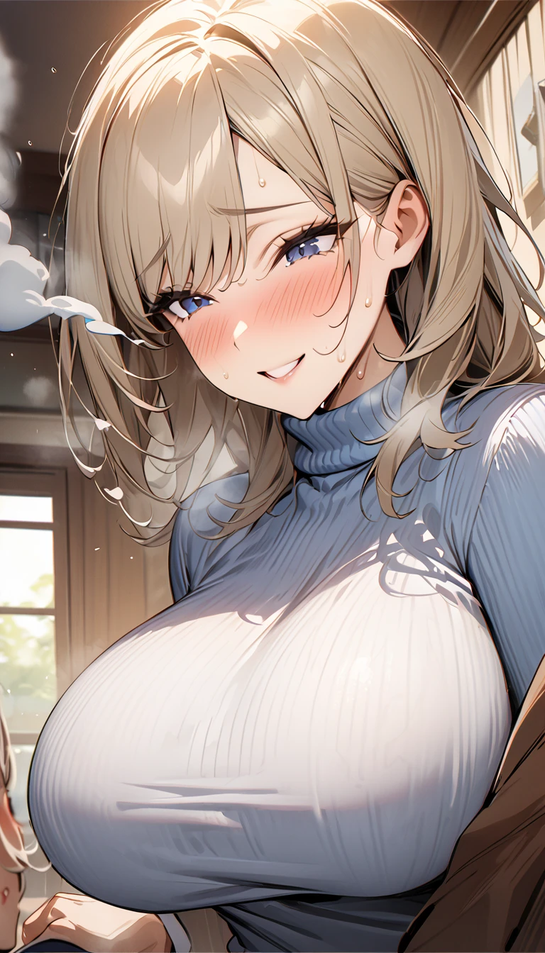 /(Modern house interior/),Open the front door、invite、 Only one woman, Mature Woman, /(blue ribbed Sweater/), bangs, A gentle, blushing smile, (Masterpiece Top quality:1.2) Delicate illustrations, Very detailed, Large Breasts、((Sweat,vapor,Vulgarity))、Tight sweater