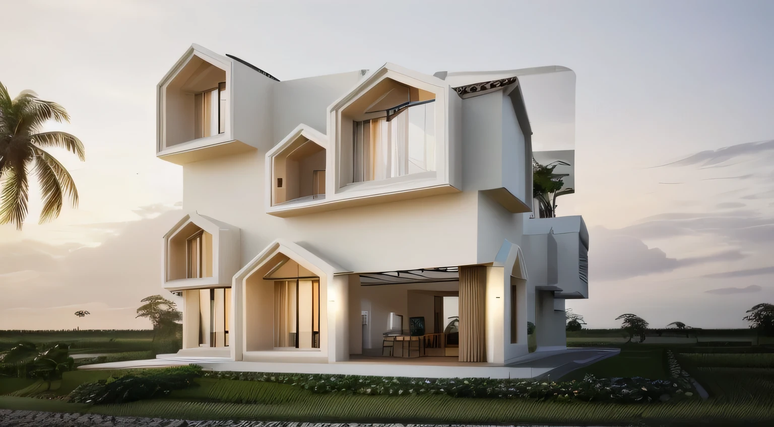 the villa in Hoian old town, in the morning, sunrise, contemporary house exterior, beige and white mix together, glass door and window, large span balcony, on the road, tropical landscape, masterpiece, high quality, ultra hd,