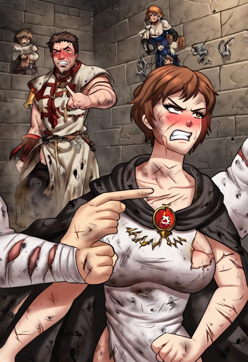 Adult female, dark fantasy, very short brown hair, red irises, cleric, black on white cleric robes, blushing, angry, dungeon, pointing, running from monsters, highly detailed, high quality, perfect eyes, dirty, cuts, incredible background detail