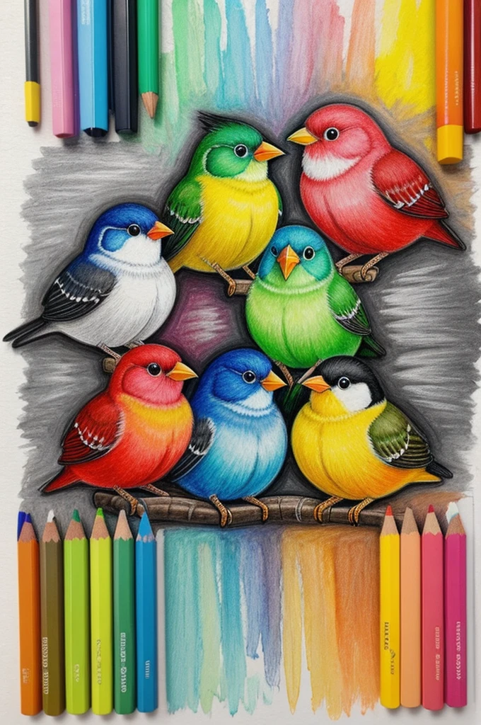 Pencil colours and crayon birds art made by a