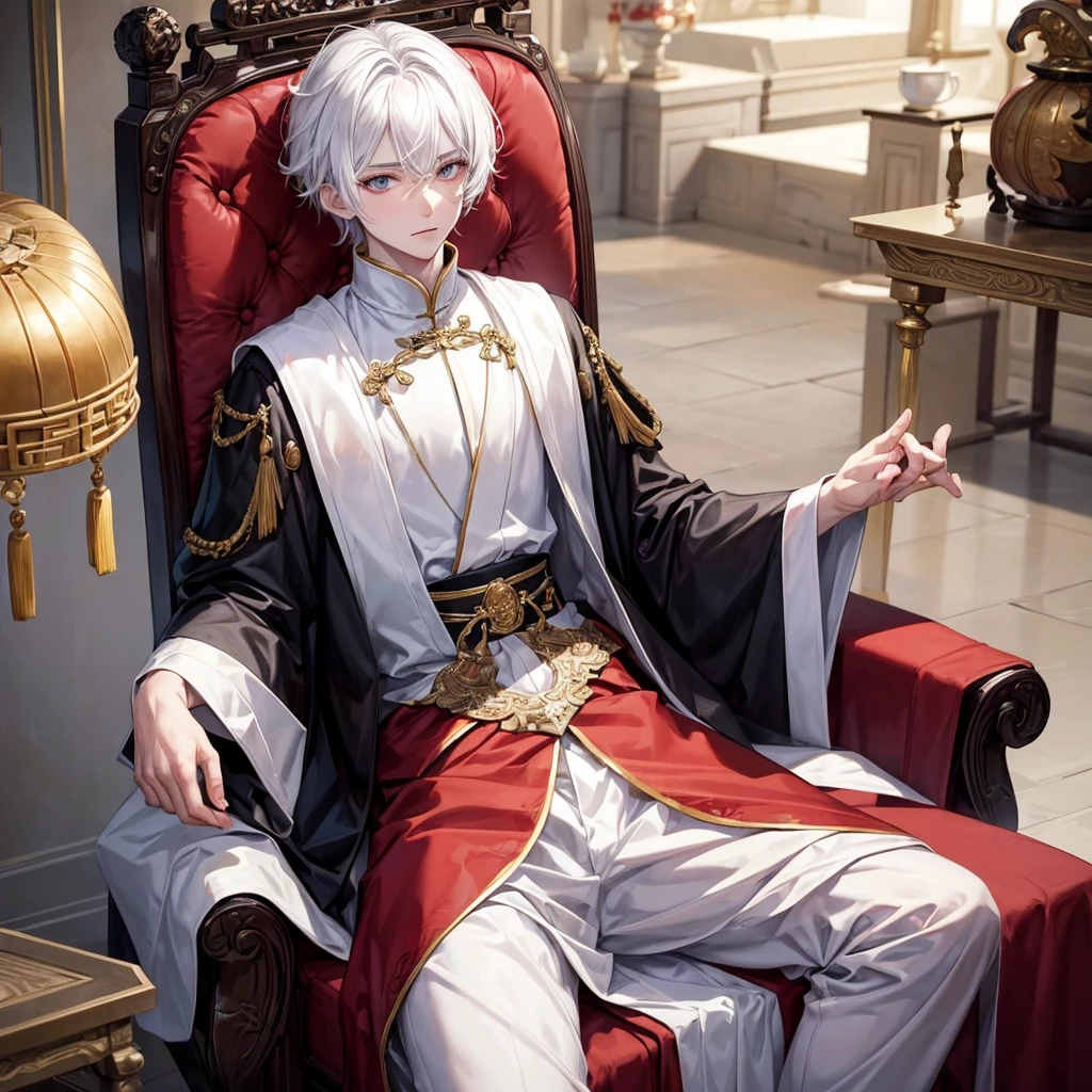 (Best Quality, Masterpiece), 1 boy sitting on an elegant throne, beautiful chinese. White hair, big eyes with red irises, very pale, You can see his torso with a king's suit.