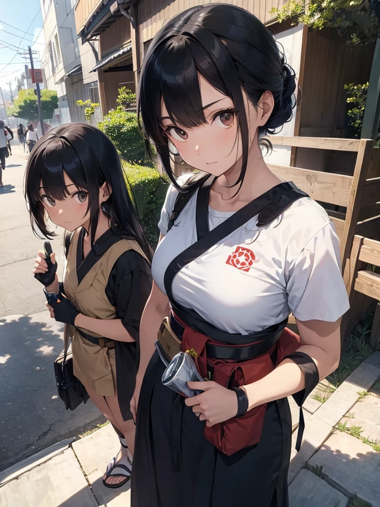 a tall, thin samurai of 1,86m, and a serene face, but tired. Her hair is black and messy, and he wears a shaggy beard. Toji wears typical Japanese clothing, including a fanny pack full of assorted items, knight gloves and sandals.