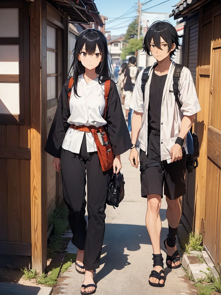 a tall, thin samurai of 1,86m, and a serene face, but tired. Her hair is black and messy, and he wears a shaggy beard. Toji wears typical Japanese clothing, including a fanny pack full of assorted items, knight gloves and sandals.