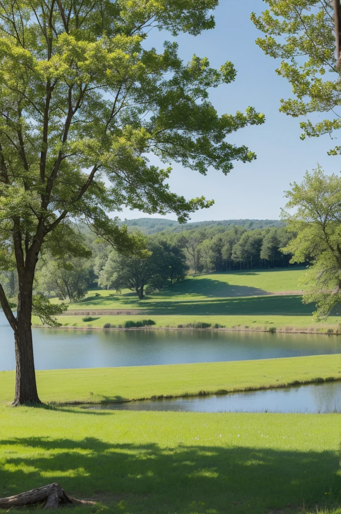 Place with open field and a lake, large trees a little far away and others close, in a spring morning with birds flying