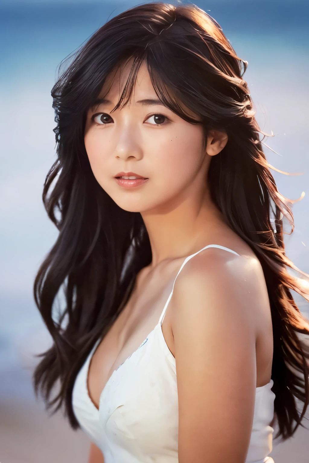 Create a high-quality, hyper-realistic portrait of a very beautiful Japanese idol. She is wearing a clean white summer dress and is squatting on the beach during sunset at sea. The deep indigo of the night sky contrasts with the last vestiges of crimson near the horizon, with swaying waves in the background. The girl has semi-long hair and a slender body with small breasts. The photo should capture her with detailed eyes, a detailed face, and a beautiful, sophisticated nose. The image should have a realistic, delicate, and finely detailed quality, suitable for a fashion magazine cover. Use cinema lighting and soft light to enhance her features. Ensure the photo is of the highest quality, with a resolution of 8K, making it perfect for a 2K wallpaper.