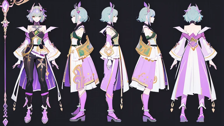 (Masterpiece, best quality), detailed, 1 woman, ((character concept art)), ((character design sheet, same character, front, side, back)), full body, body complete, 1 female, 1 women. Detailed face, character design sheet full body, Highly detailed, character sheet, character design, Many parts, pale skin, green eyes, short purple hair, lavender flower reference, lavender flower character reference, lavender flower inspired, male clothes, flat chest, Solarpunk, Solarpunk reference, Solarpunk based outfit, pants, green, dark gray, gold.