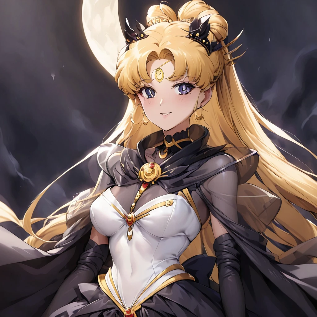 ((Highest quality)), ((masterpiece)), (detailed), (Perfect Face)、Black moon mark on forehead、The woman is the noble dark queen of the Black Moon clan, Black Serenity, with blonde hair.2The woman with long hair tied up is Princess Serenity、The woman has a black inverted crescent moon mark on her forehead, is wearing a gorgeous and glittering black Gothic Victorian dress with a black veil and a black see-through cape, is the Queen of Darkness, Princess Serenity, and has a happy expression as she looks at the camera, with the expression of a maiden in love.