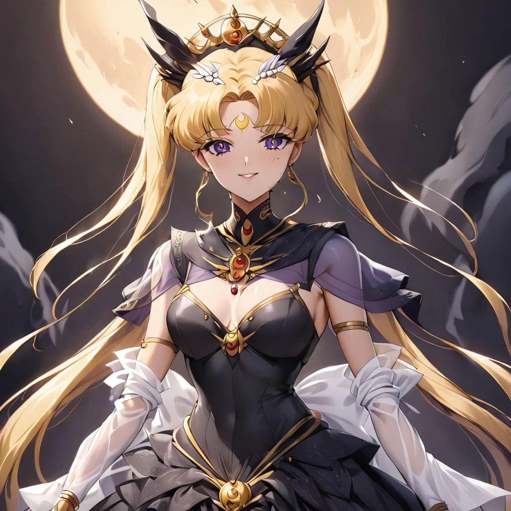 ((Highest quality)), ((masterpiece)), (detailed), (Perfect Face)、Black moon mark on forehead、The woman is the noble dark queen of the Black Moon clan, Black Serenity, with blonde hair.2The woman with long hair tied up is Princess Serenity、The woman has a black inverted crescent moon mark on her forehead, is wearing a gorgeous and glittering black Gothic Victorian dress with a black veil and a black see-through cape, is the Queen of Darkness, Princess Serenity, and has a happy expression as she looks at the camera, with the expression of a maiden in love.