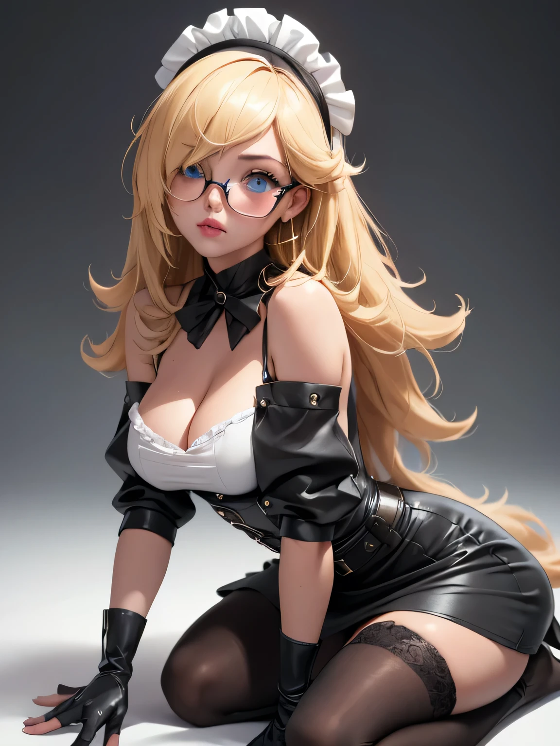 ultra detailed 8k cg, super model, super idol, perfect face, beautiful face, from side、from behind、on all fours,(masterpiece, best quality:1.4), absurdres, highres, ultra detailed, beautiful, 1girl, (maid), (perfect face, detailed face, beautiful:1.3), (blue eyes, glasses, golden hair, bangs, hair intakes, long hair), (natural breasts, cleavage), collarbone, fingerless gloves, gloves,spaghetti strap top, black pencil skirt, tight, over the knee skirt, hat, elegant maid outfit, thighhighs, thick thighs, thighs, multiple belts, More detailed 8K.motor irreal:1.4,UHD,La mejor calidad:1.4, fotorrealista:1.4, textura de la piel:1.4, obra maestra:1.8,obra-prima, mejor calidad,objeto Objeto], (detailed face features:1.3),(manos detailed)