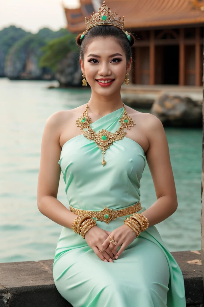 (masterpiece), best quality, ultra high res, , (princess:1.3), standing, (NSFW), lace underwear, beautiful face,( thailand tradition house:1.3),,(cute girl:1.3), ( thai ombre mint green detailed traditional dress:1.3),(traditional body strap:1.2) big  ,detailed background , gloves, hair bun, , big hair_ornament, ear ornaments, ear peice, ear jewelries, big crown, big jewelry, hair_stick, jewelry, necklace, bracelets,  arms jewelry, (seductive:1.3), ( looking at viewer:1.5) , ocean,flowers, beautiful day, close eyes, enjoying the breeze ,beautiful smile, big breast, in the water, sitting back view 