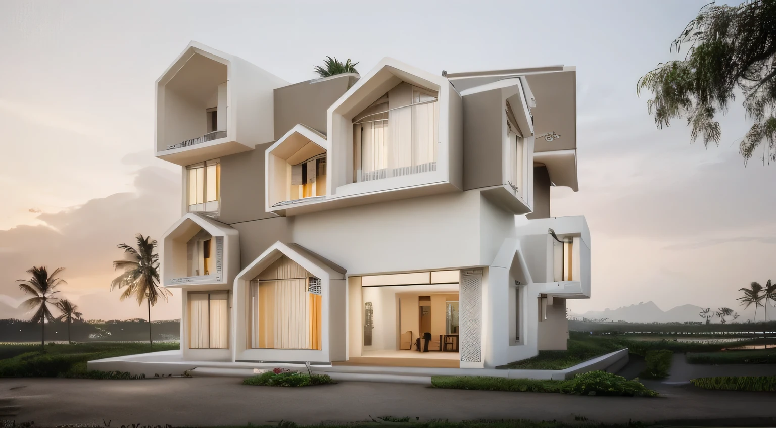 the villa in Hoian old town, in the morning, sunrise, contemporary house exterior, beige and white mix together, glass door and window, large span balcony, on the road, tropical landscape, masterpiece, high quality, ultra hd,