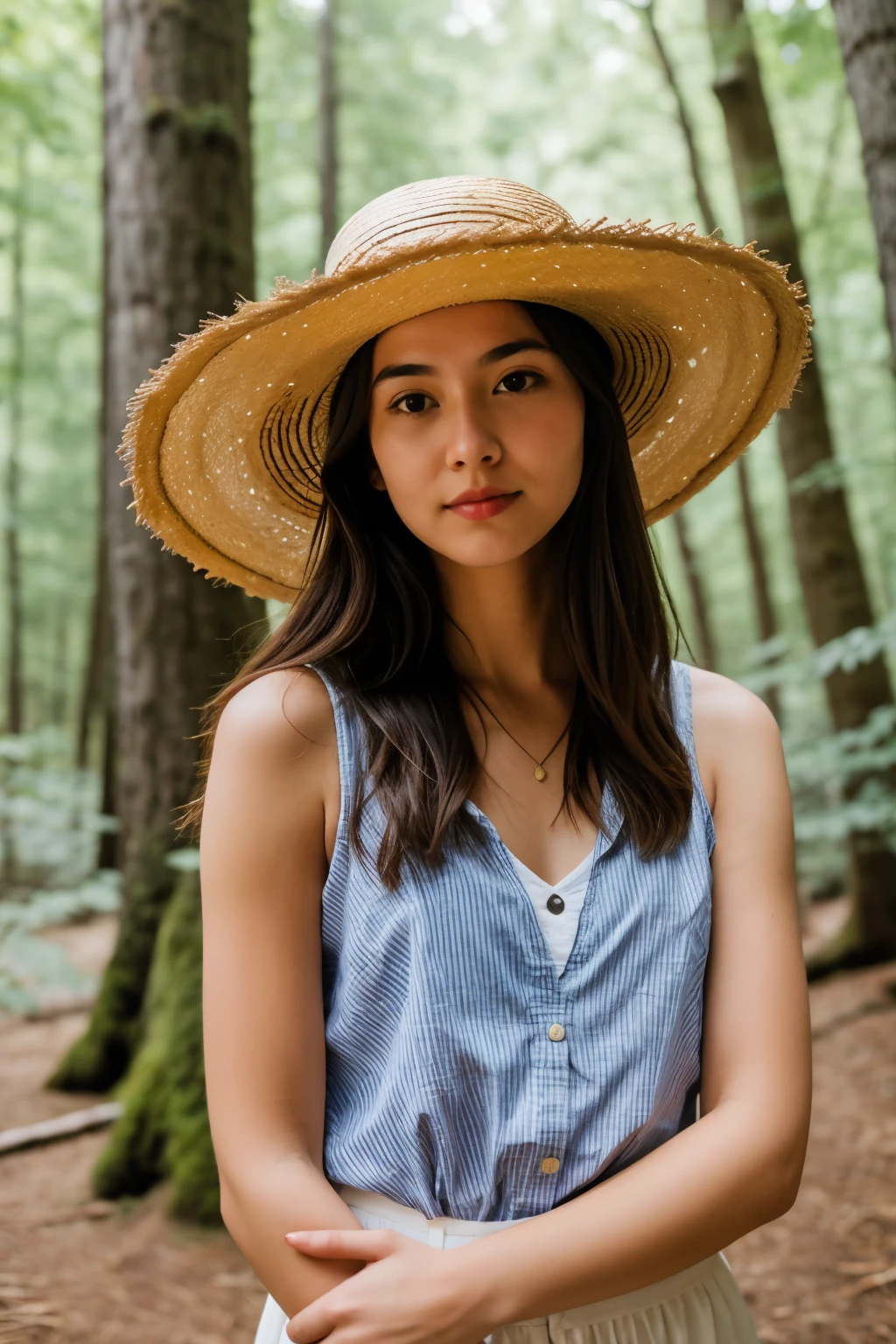 girl in a lively forest wearing a straw hat with a red stripe