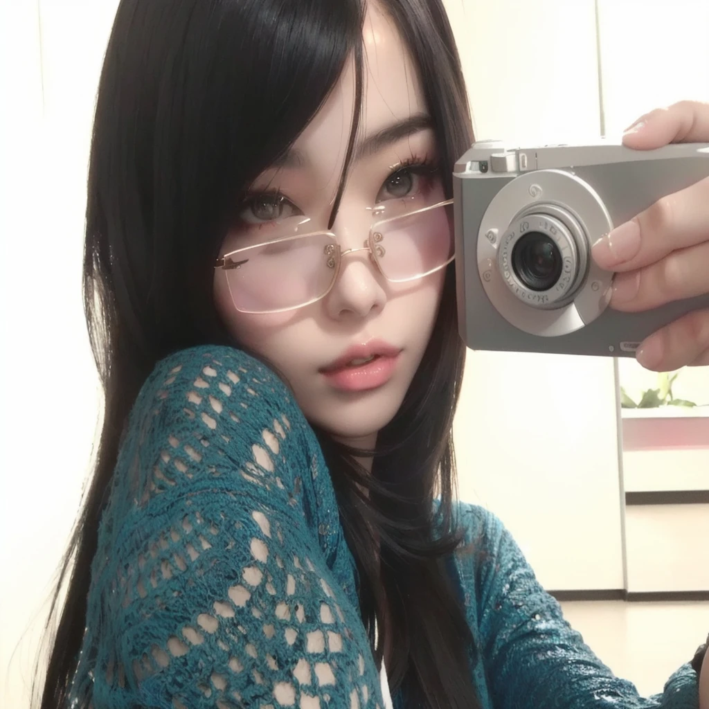 there is a woman taking a picture of herself with a camera, ulzzang, with glasses, with square glasses, !!wearing modern glasses!!, !!wearing glasses!!, spectacled, with black eyeglasses, 8k selfie photograph, anaglyph effect ayami kojima, wearing thin large round glasses, anime girl in real life, belle delphine