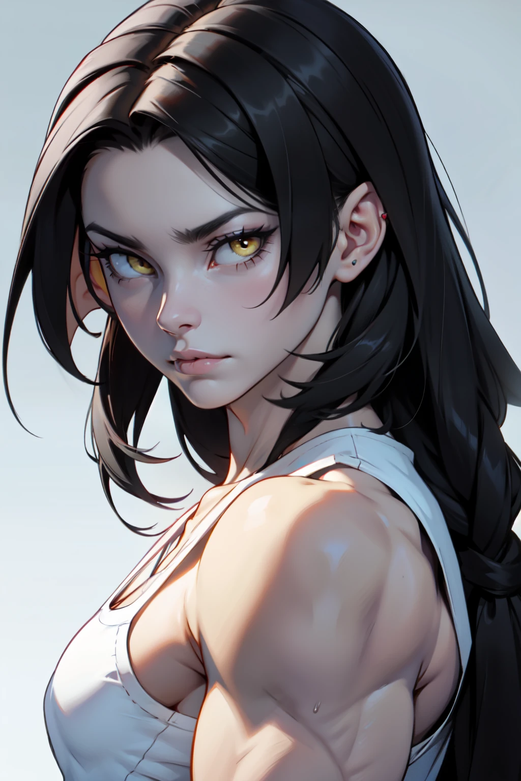 sad girl muscular girl pale skin black hair yellow eyes pale skin muscular girl