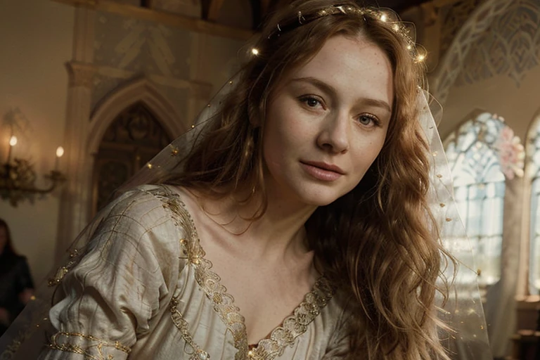 (solo 1woman, eowyn wearing rohirric wedding dress, sexy beautiful woman, intricate lace and embroidery, flowing hair, happy expression, medieval fantasy landscape, highly detailed, extremely close-up, rohirric theme) (loving lady) (wearing golden-veil) (warm colours) (your prettiest date) (very seductive)