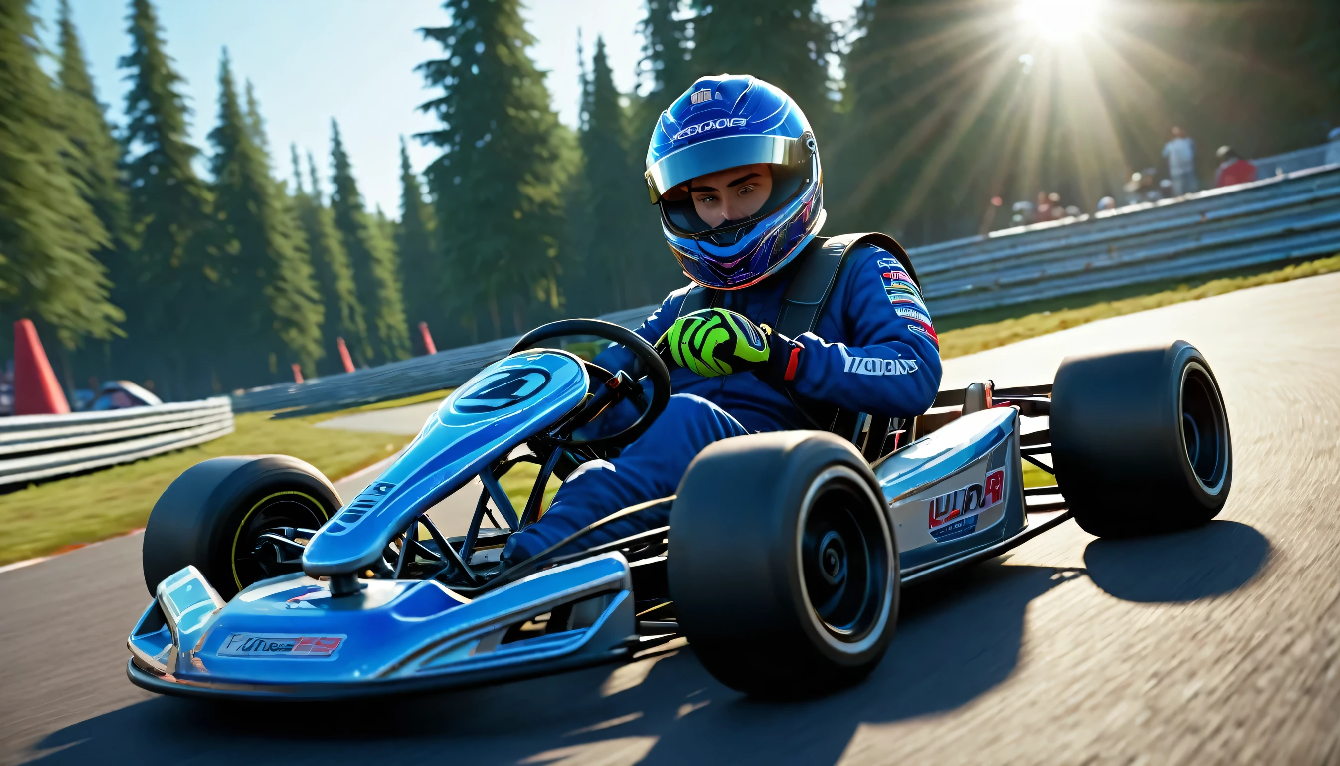 Professional kart racing, cinematic lighting, ray tracing, lens flare, multiple views, wide shot, En plein air, UHD, retina, accurate, textured skin, super detail, high details, highres, 4K, best quality