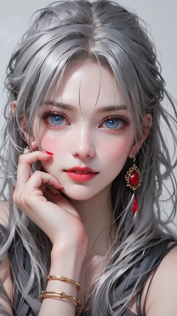 Beauty、 One girl, alone, Long Hair, View your viewers, smile, blue eyes, hair ornaments, White Background, jewelry, Gray Hair, Mouth closed, Blunt bangs, Manicure, bracelet, lips, Grey Eyes, Portraiture, Red nails, close, red lips, put your hand on your face, Put your hand on your cheek,(Mature Woman),(Shiny skin),((Steaming body))