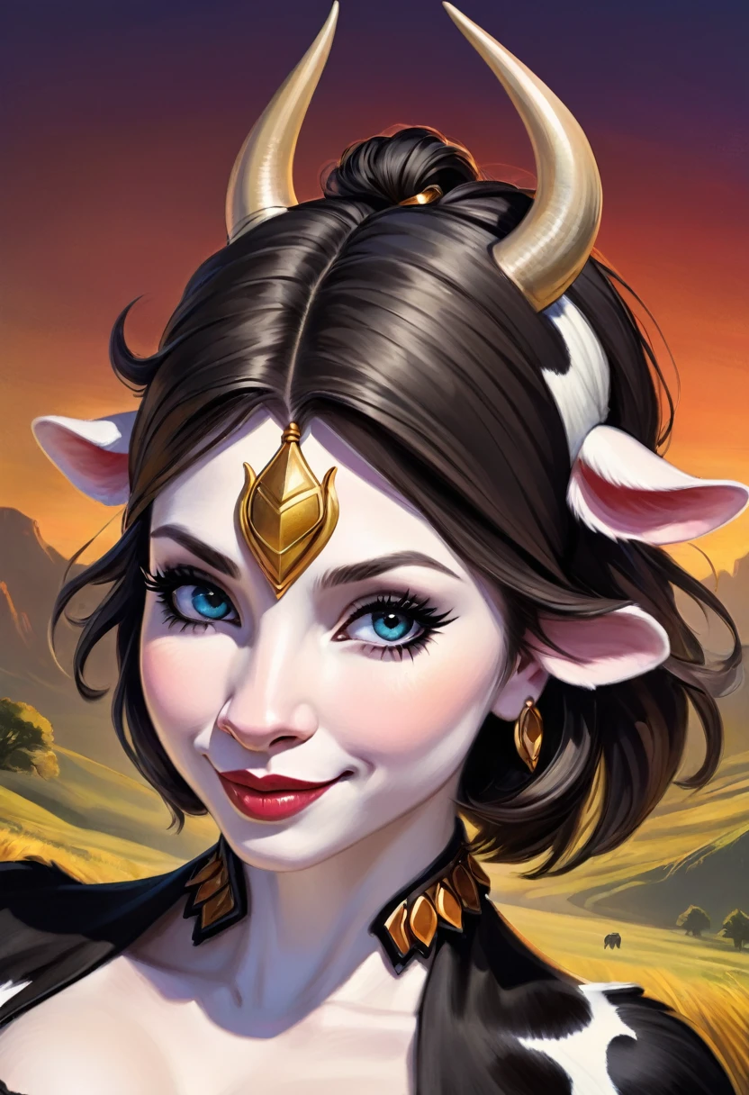 Create an illustrated, hand-drawn, full-color image of an humanoid, hybrid, anthropomorphic, sexy bovine woman. The artwork should be rendered in the style of "Breath of the Wild," featuring warm lighting and shadows. Include graphite shading, stencil marks, and airbrushed acrylic paint effects. The image should be of the highest quality, a masterpiece with intricate details. cow nose, cow ears.
The bovine woman should have a female, humanoid, appearance. She should have luscious lips, a wide smile, and bright, expressive eyes, exuding beauty, cuteness, and adorableness. Ensure the image is high resolution and sharply detailed, with a detailed and vibrant background. Scarlett Johanson, Alison Brie, Dove Cameron
Incorporate mystical lighting in the background, creating a romantic and enchanting atmosphere.
