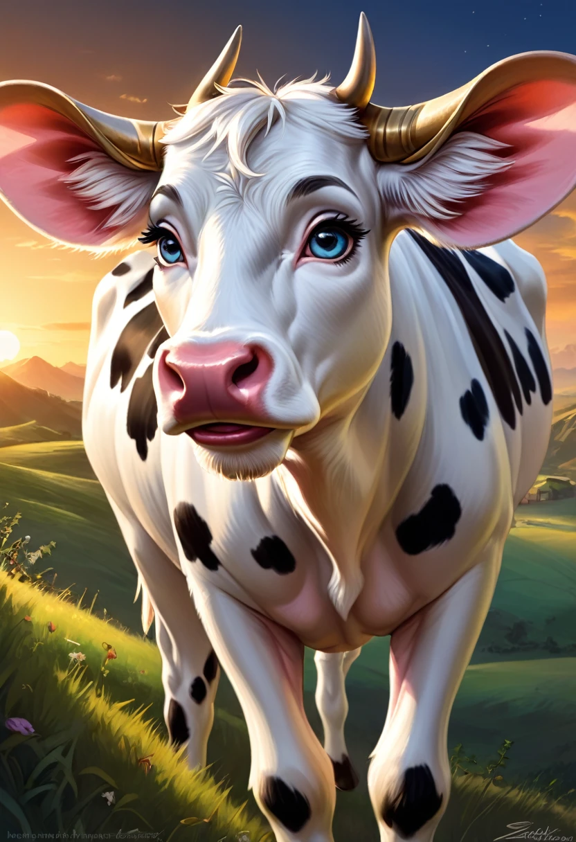 Create an illustrated, hand-drawn, full-color image of an humanoid, hybrid, anthropomorphic, sexy bovine woman. The artwork should be rendered in the style of "Breath of the Wild," featuring warm lighting and shadows. Include graphite shading, stencil marks, and airbrushed acrylic paint effects. The image should be of the highest quality, a masterpiece with intricate details. cow nose, cow ears.
The bovine woman should have a female, humanoid, appearance. She should have luscious lips, a wide smile, and bright, expressive eyes, exuding beauty, cuteness, and adorableness. Ensure the image is high resolution and sharply detailed, with a detailed and vibrant background. Scarlett Johanson, Alison Brie, Dove Cameron
Incorporate mystical lighting in the background, creating a romantic and enchanting atmosphere.