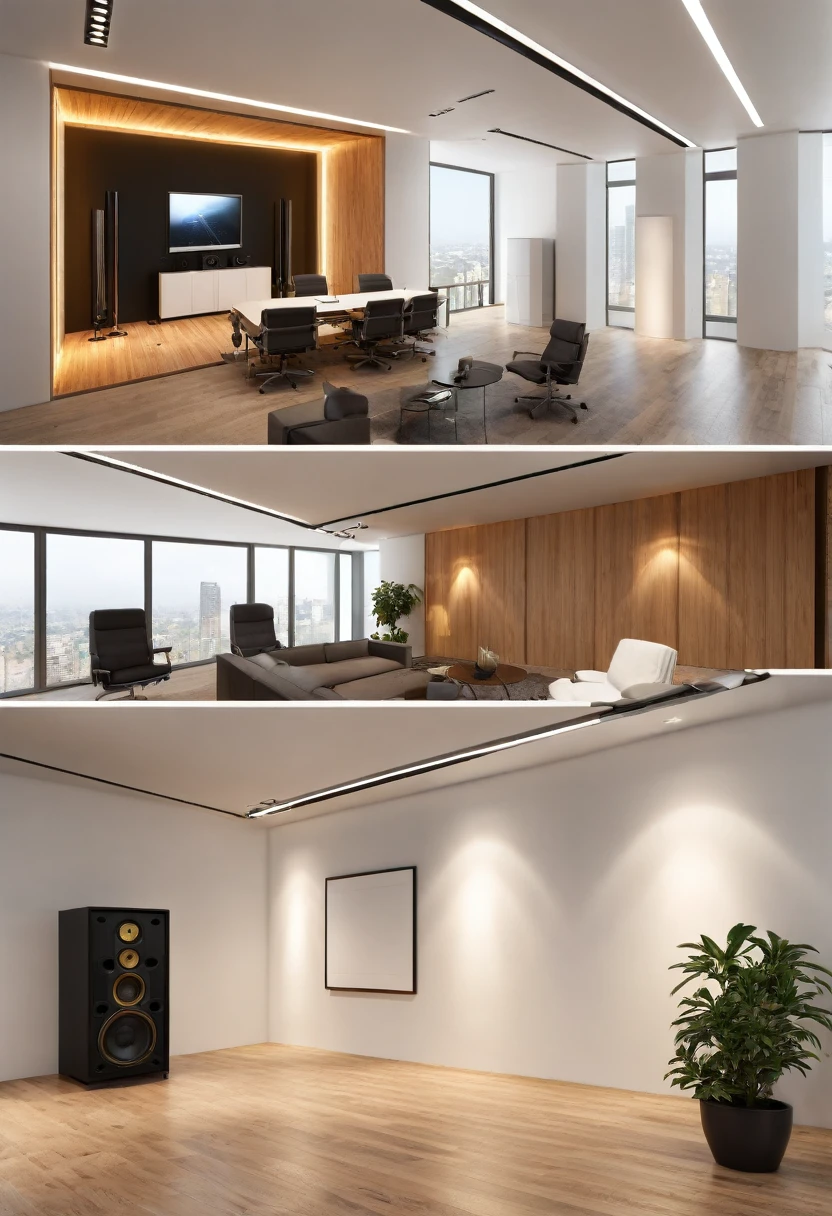 a photo of minimalistic music studio, pov averague stature camaramen sound-absorbing panels, warm lighting, photorealistic, 8k, highly detailed, masterpiece