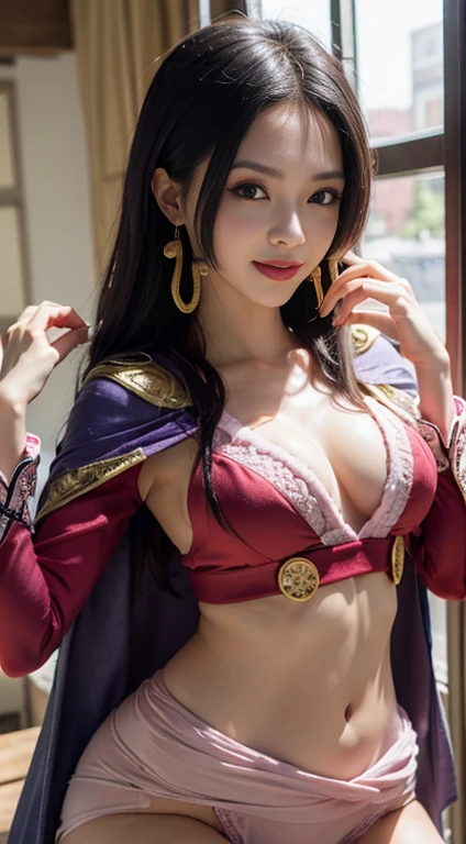 ((masterpiece:1.4, Highest quality)), ((masterpiece, Highest quality,8K)), (Photo Real:1.4), Mid-chest, woman, (Boa Hancock, Cape, Epaulettes:1.2, Cleavage:1.2, jewelry, Earrings), ((Red abdomen: 1.2)), Cleavage, (Long sleeve: 1.5), Big black eyes, cute, young, ((hand hart: 1.7)), (Asian House, interior, window, ( Licking Banana、), smile), Cowboy Shot, Professional Lighting, Physically based rendering pjt gxf yhj hbvfryjh